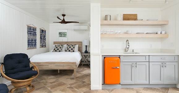 Daybreak room room with grey kitchenette